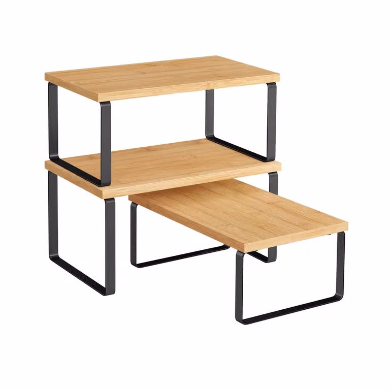 Organizzatori Armadio da Cucina Impilabili Espandibili in Metallo e Bambù, Nero Inchiostro + Beige Naturale / 19,5 x 29,7 x 15,8 cm