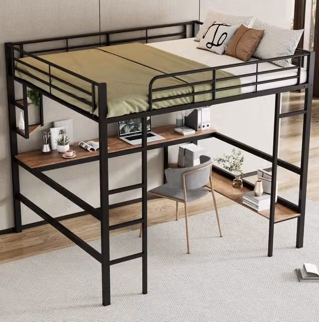 Letto a soppalco 140x200 cm con scrivania e libreria; metallo; nero (Senza materasso)