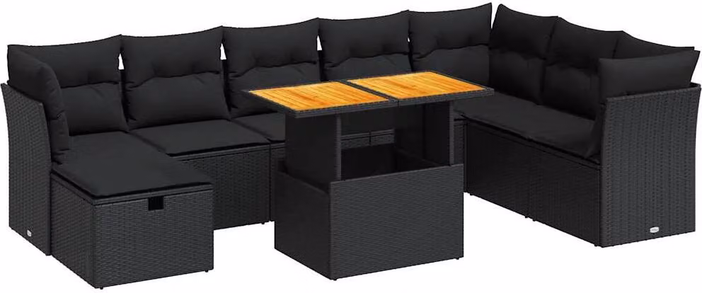 Set Divani da Giardino 9 pz con Cuscini Nero Polyrattan Acacia
