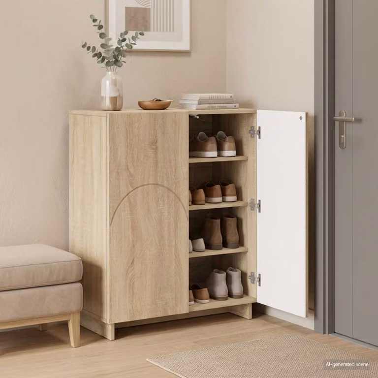 Scarpiera moderna vidaXL in legno, colore beige e marrone, con ante a battente e ripiani interni, L: 73 cm, P: 38 cm, H: 87,5 cm