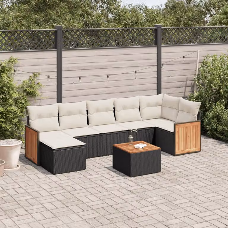 Set di divani da giardino vidaXL a forma di L con 8 pezzi, polyrattan nero e cuscini inclusi