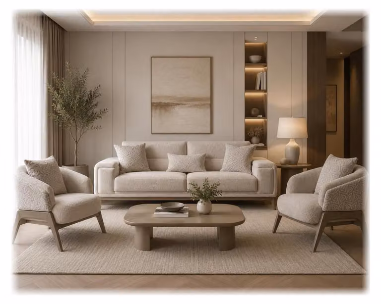 Divano componibile beige, 3 posti + 1 posto + 1 posto, rivestito in tessuto, struttura in legno, design moderno, tinta unita, confortevole