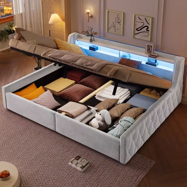 Letto imbottito 140x200 beige con contenitore idraulico e testiera LED