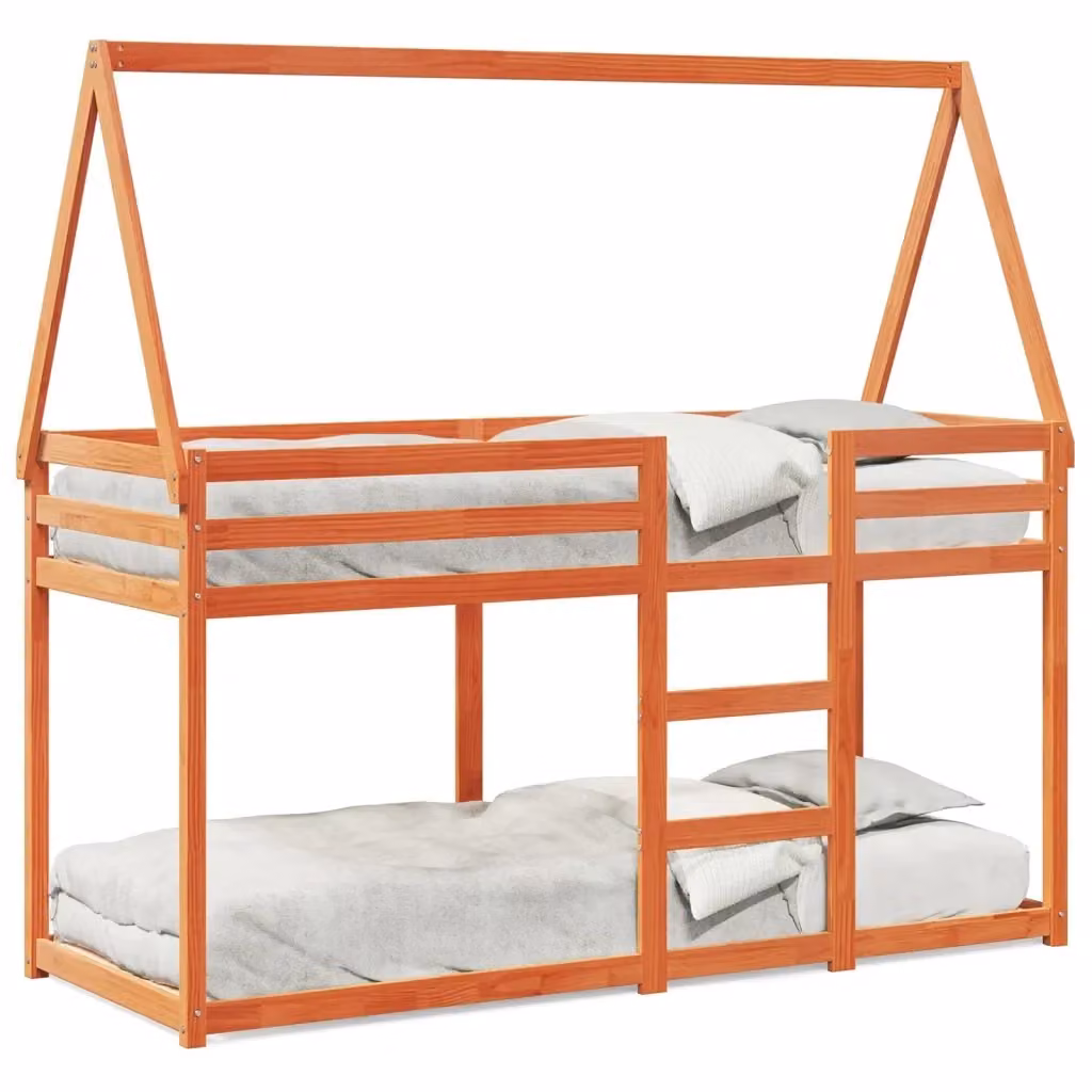 vidaXL Letto a Castello per Bambini in Legno Massello di Pino con Tetto a Forma di Casa, Colore Marrone, 90x200 cm – 2