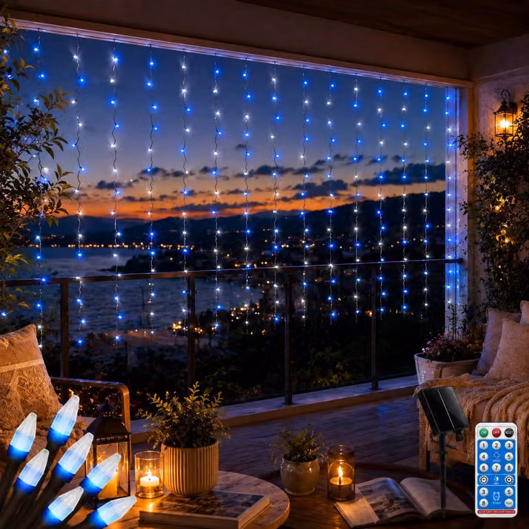 Illuminazione a tenda, dimensioni 2x2 metri, 200 LED, alimentazione solare, 8 modalità, filo nero