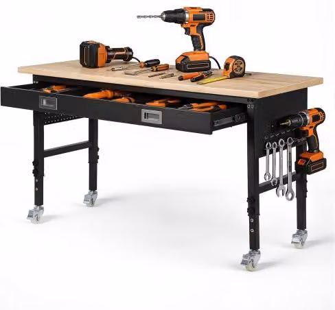 VEVOR Banco da Lavoro 1524x610 mm Tavolo da Lavoro Altezza Regolabile 760-1010 m, Tavolo per Lavorazione Falegname Fai-da-te da Garage con Cassetto Presa di Corrente Ruote Pannello Forato