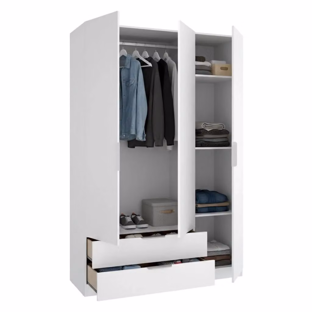Armadio da camera da letto DMORA moderno con ante a battente e cassetti integrati, Bianco opaco, L: 137 cm, P: 51 cm, H: 51 cm – 2