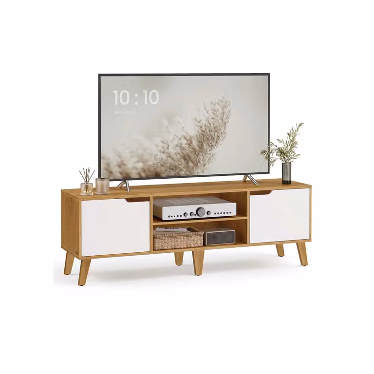 Mobile TV con ripiano regolabile stile transizionale, Rovere Naturale + Bianco Crema
