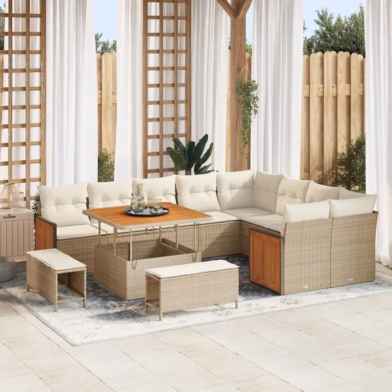 Set Divano da Giardino vidaXL 13 pz a Forma a L con Tavolino e Ottoman Beige e Crema