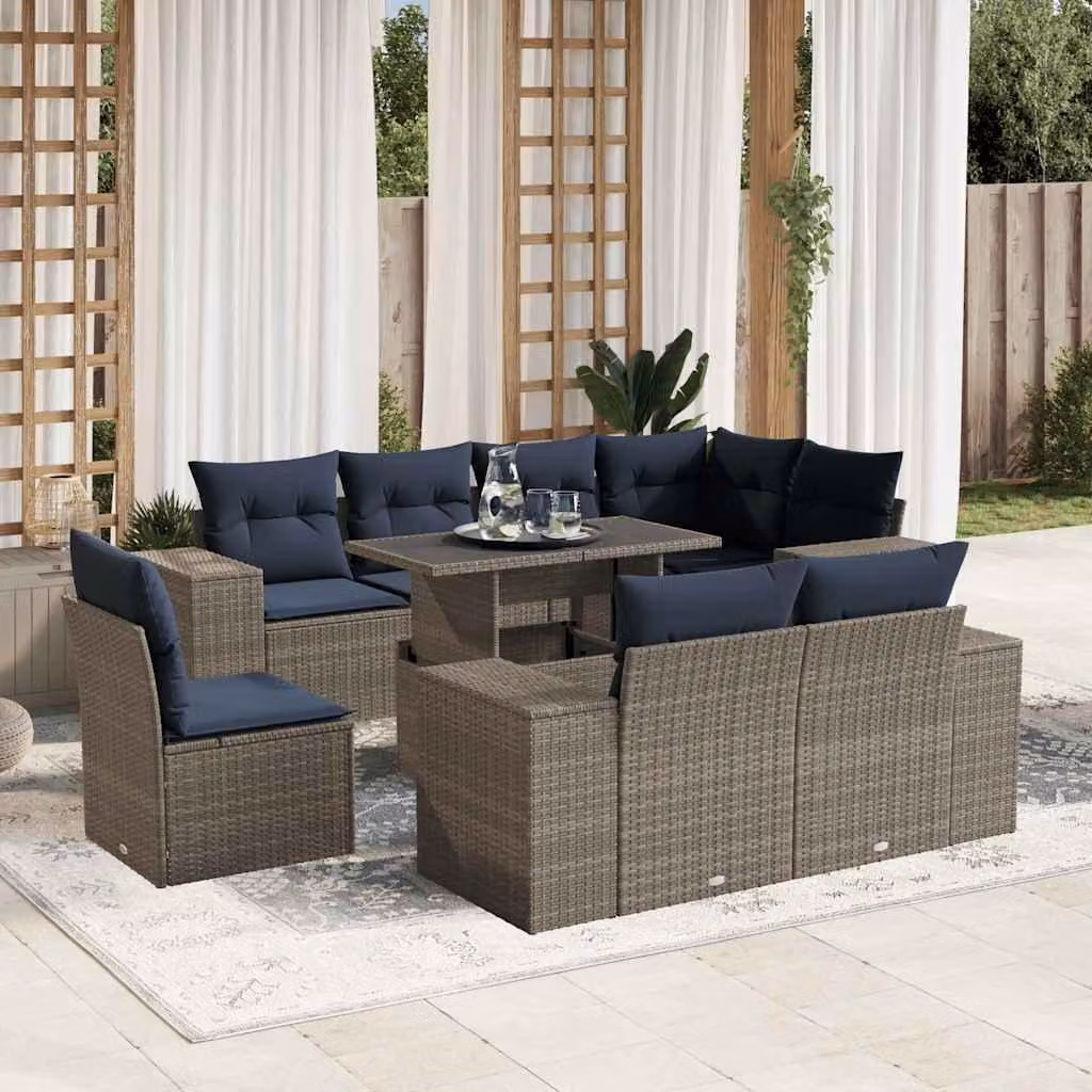 Maison Exclusive - Set di 9 pezzi per giardino con cuscini, grigio, polyrattan