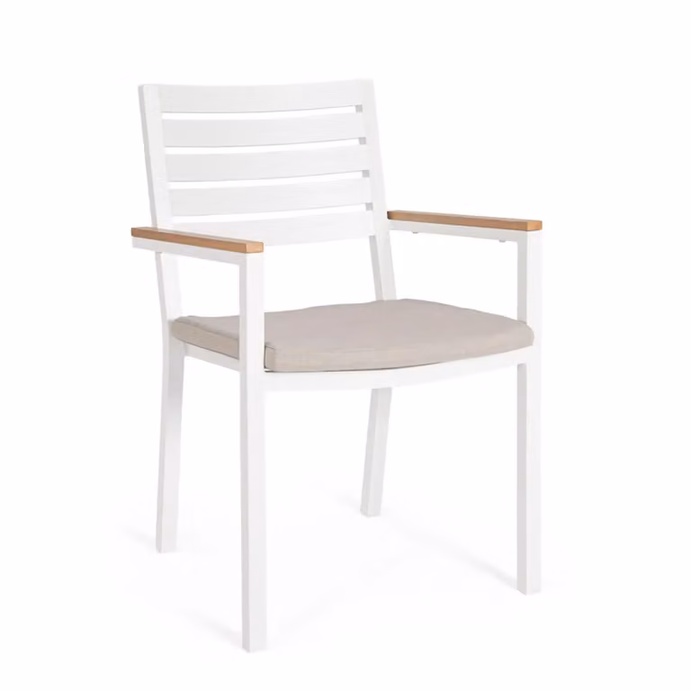 Set 4 sedie da giardino ELDA con cuscino beige, braccioli effetto legno e struttura bianca