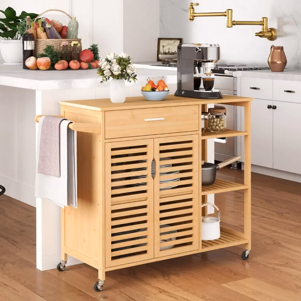 Carrello da cucina Design Mania in legno beige e marrone con 2 porte e barra per asciugamani, L: 89 cm, P: 40 cm, H: 104 cm – 2