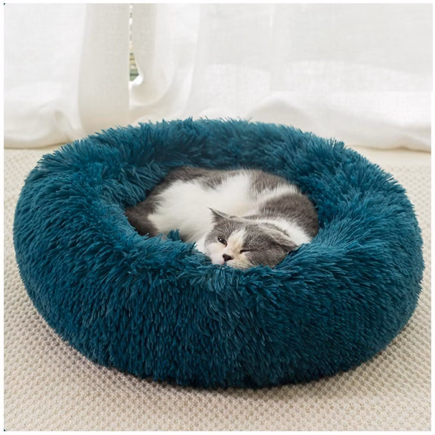 Cuccia per cani, forma circolare, diametro 100 cm, colore ciano, dimensioni 100x100x20 cm. Materiale: ecopelle, polipropilene, cotone. Lavabile