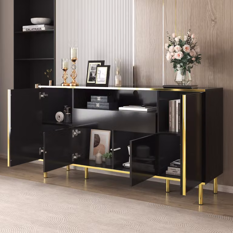 Credenza Sweiko, cassettiera nera lucida con 1 cassetto, cassettiera, cassettiera per camera da letto, credenza nera lucida - L150/T40/H80cm