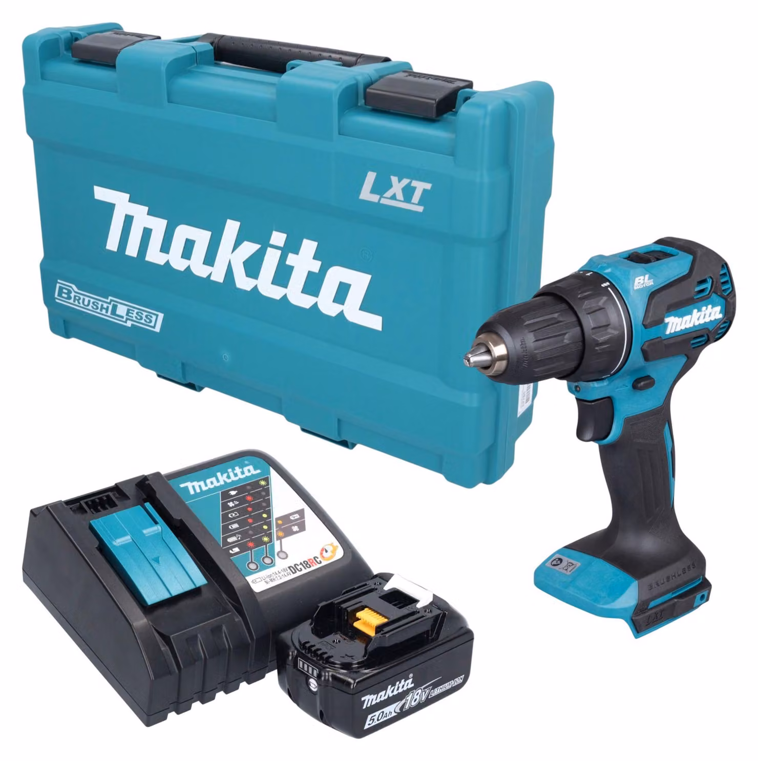 Trapano avvitatore a batteria Makita DDF 490 RT1K 18 V 65 Nm brushless + 1 batteria da 5,0 Ah + caricabatterie + valigetta