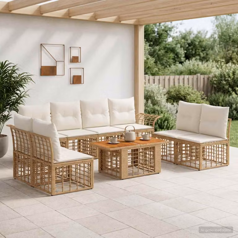 Set Divano da Giardino vidaXL 9 pz in Polyrattan e Legno di Acacia, Colore Naturale e Bianco Crema