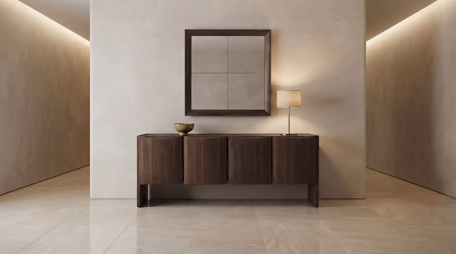 Set contenitore laterale, specchio da parete, design moderno, colore marrone, elegante, lussuoso, mobiletto