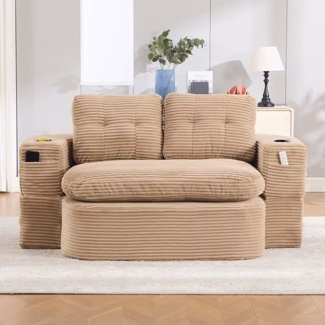 Poltrona convertibile 2 in 1 REDOM in velluto a coste beige con poggiapiedi integrato e braccioli