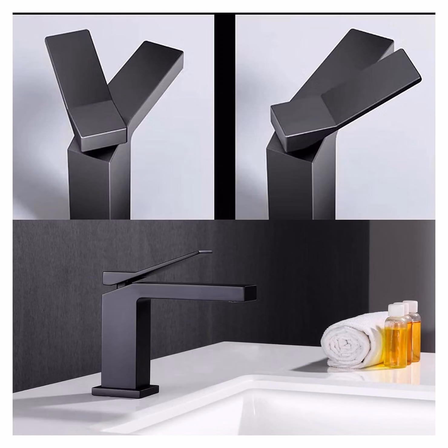 Rubinetto quadrato nero dal design minimalista, miscelatore per lavello da cucina, con alimentazione sia a acqua calda che fredda, miscelatore per bagno
