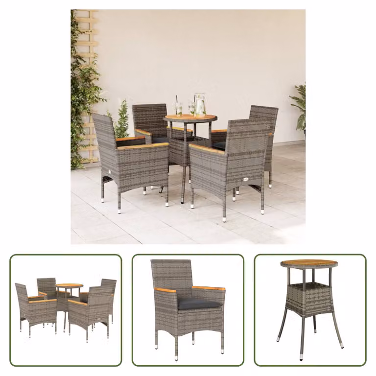 The Living Store Set da pranzo da giardino 5 pezzi con cuscini in poly rattan grigio acacia