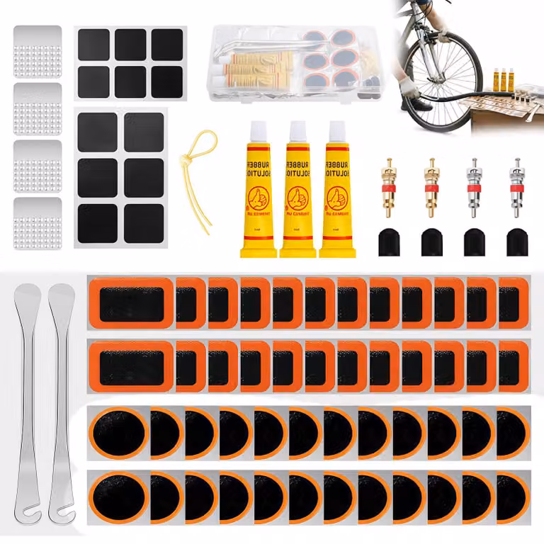 Kit di riparazione per biciclette, composto da 79 pezzi, inclusi 48 toppe autoadesive, con custodia portatile, ideale per l'uso in viaggio