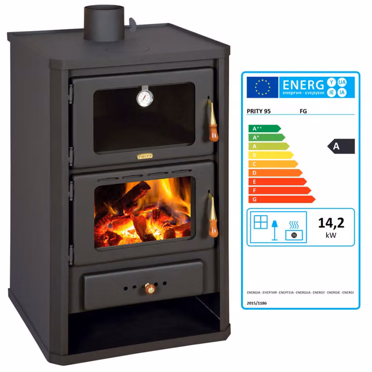 Stufa a legna Prity FG – 14,2 kW, con forno, per riscaldamento e cottura – Classe A