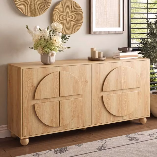 Credenza WISHDOR in legno di pino e MDF con finitura naturale beige e design geometrico minimalista