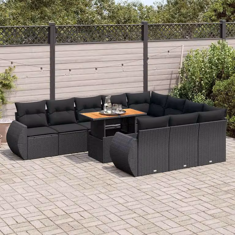Set Divani da Giardino vidaXL 11 pz in Polyrattan Nero con Cuscini e Tavolino da Esterno