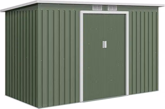 Casetta da giardino Outsunny in acciaio galvanizzato con porte scorrevoli e finestre, Verde Chiaro, L: 280 cm, P: 130 cm, H: 172 cm