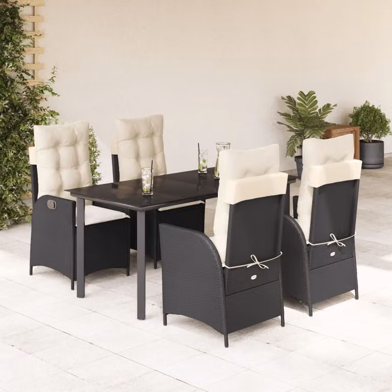 Set da Pranzo da Giardino vidaXL 5 pz in Polyrattan Nero con Piano in Vetro e Cuscini