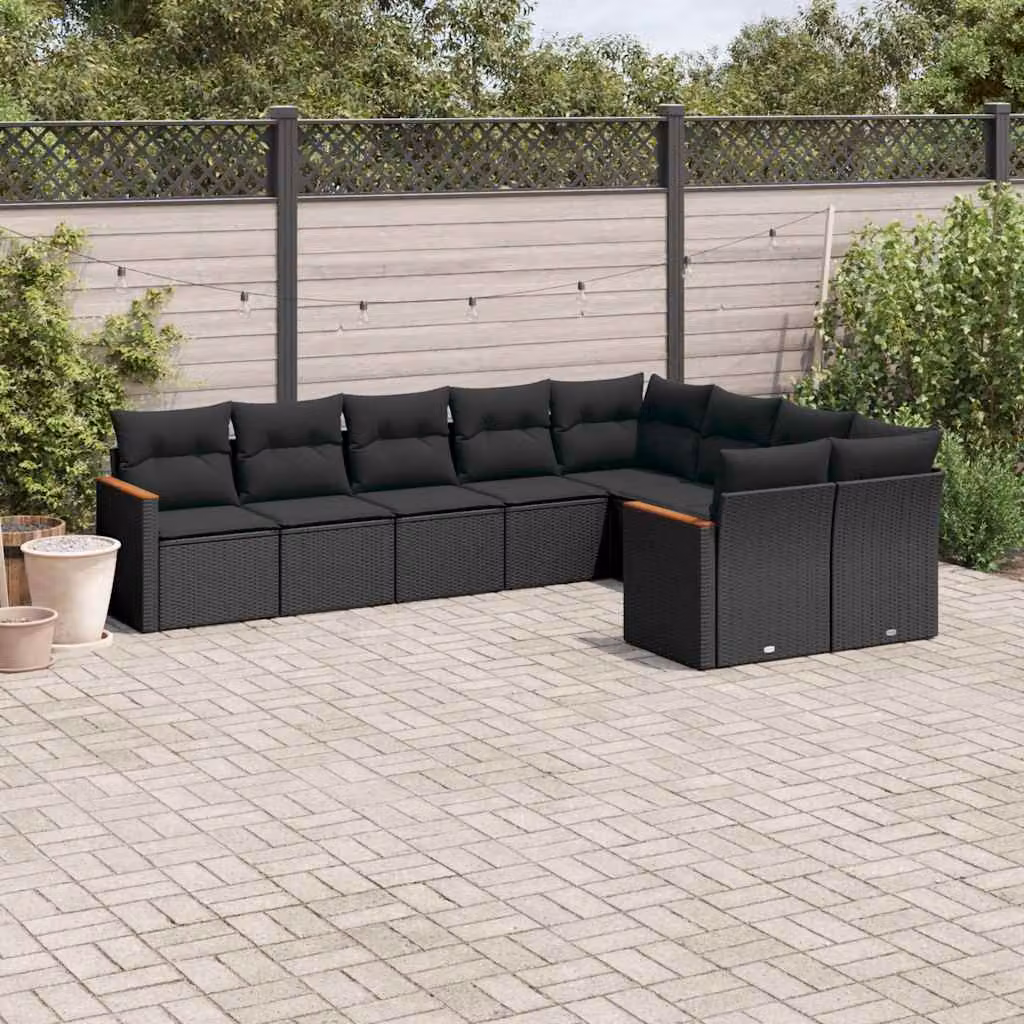 Set di divani da giardino vidaXL a forma di L composto da 9 pezzi con cuscini neri in rattan e struttura in acciaio rivestito in polvere – 1