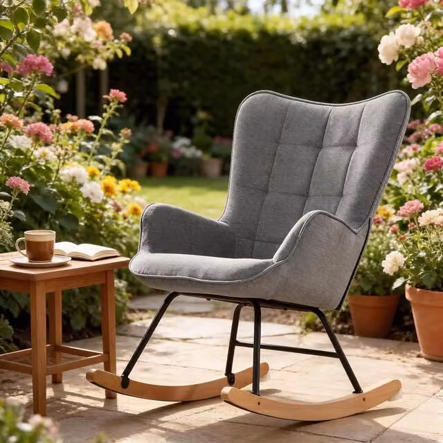 Poltrona a dondolo in velluto con schienale alto e design ergonomico, seduta confortevole per relax grigio scuro
