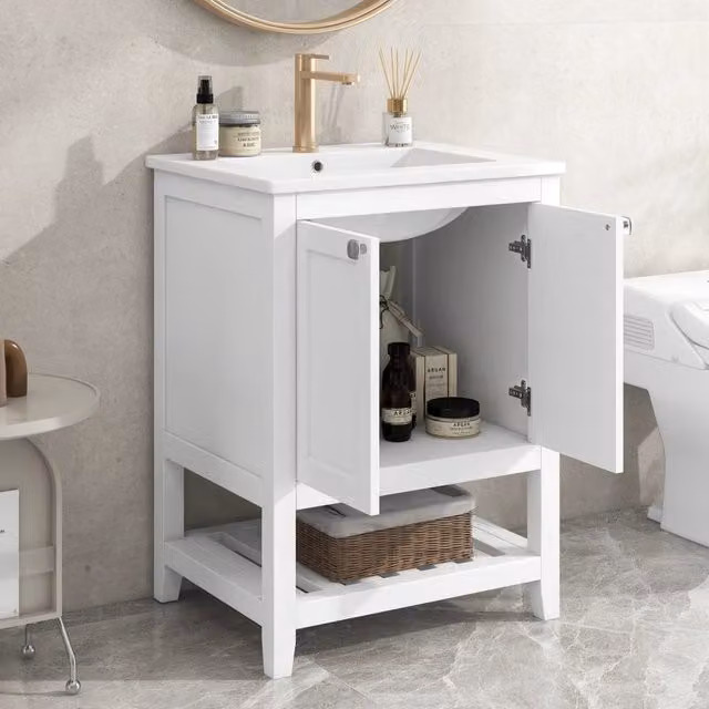 Mobile sottolavabo da bagno con lavabo in ceramica, struttura autoportante con vano inferiore, bianco, 61 × 46 × 90 cm