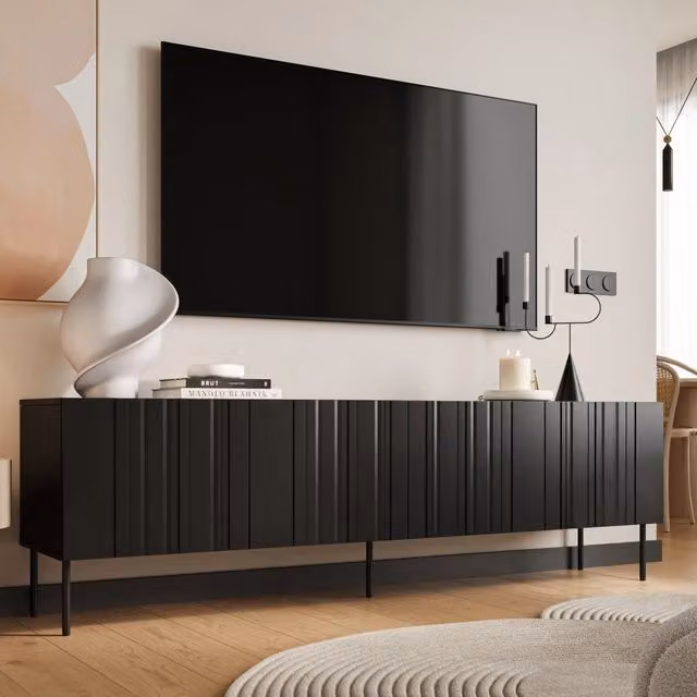 Mobile porta TV Sospiro, Madia da salotto con quattro ante battenti e quattro vani interni, Rialzato da terra, 201x42 h60 cm, Nero