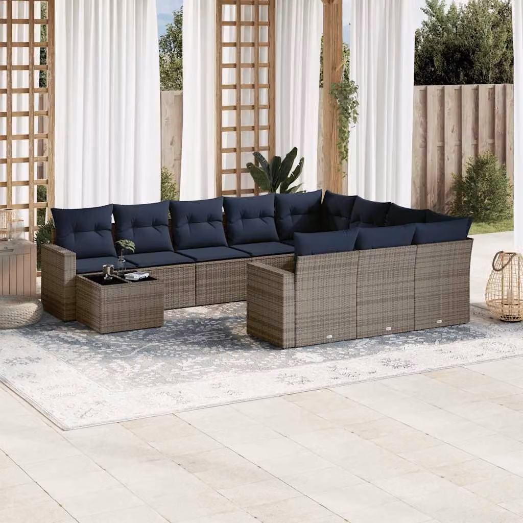 Set Divani da Giardino vidaXL 11 pz a Forma a L con Cuscini e Tavolino in Polyrattan Grigio e Blu