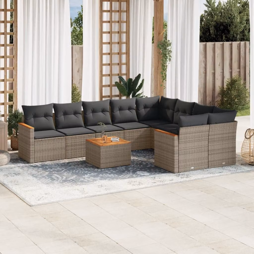 vidaXL Set Divano da Giardino a L 10 pz in Polyrattan Grigio con Cuscini e Tavolino – 1