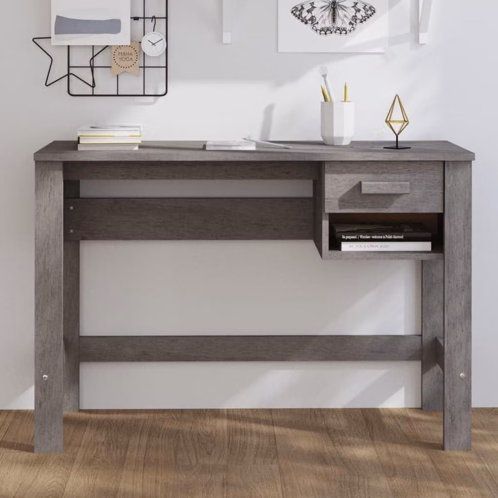 Scrivania grigio chiaro con cassetti e vano aperto, ideale per l'home office