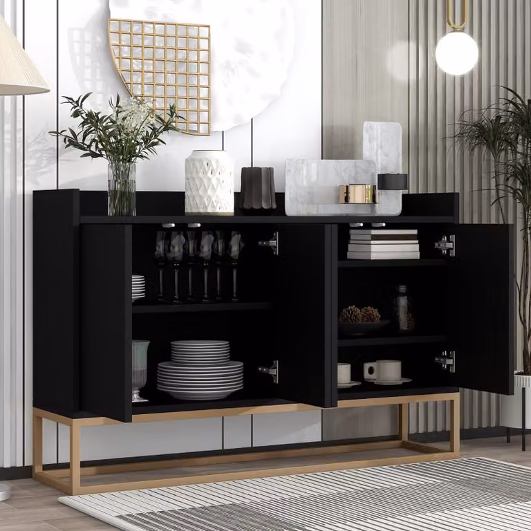 MODFU Mobile da cucina con 4 ante e ripiani regolabili, mobili da soggiorno in legno massello, cassettiera con telaio in metallo dorato, 1203080 cm, nero