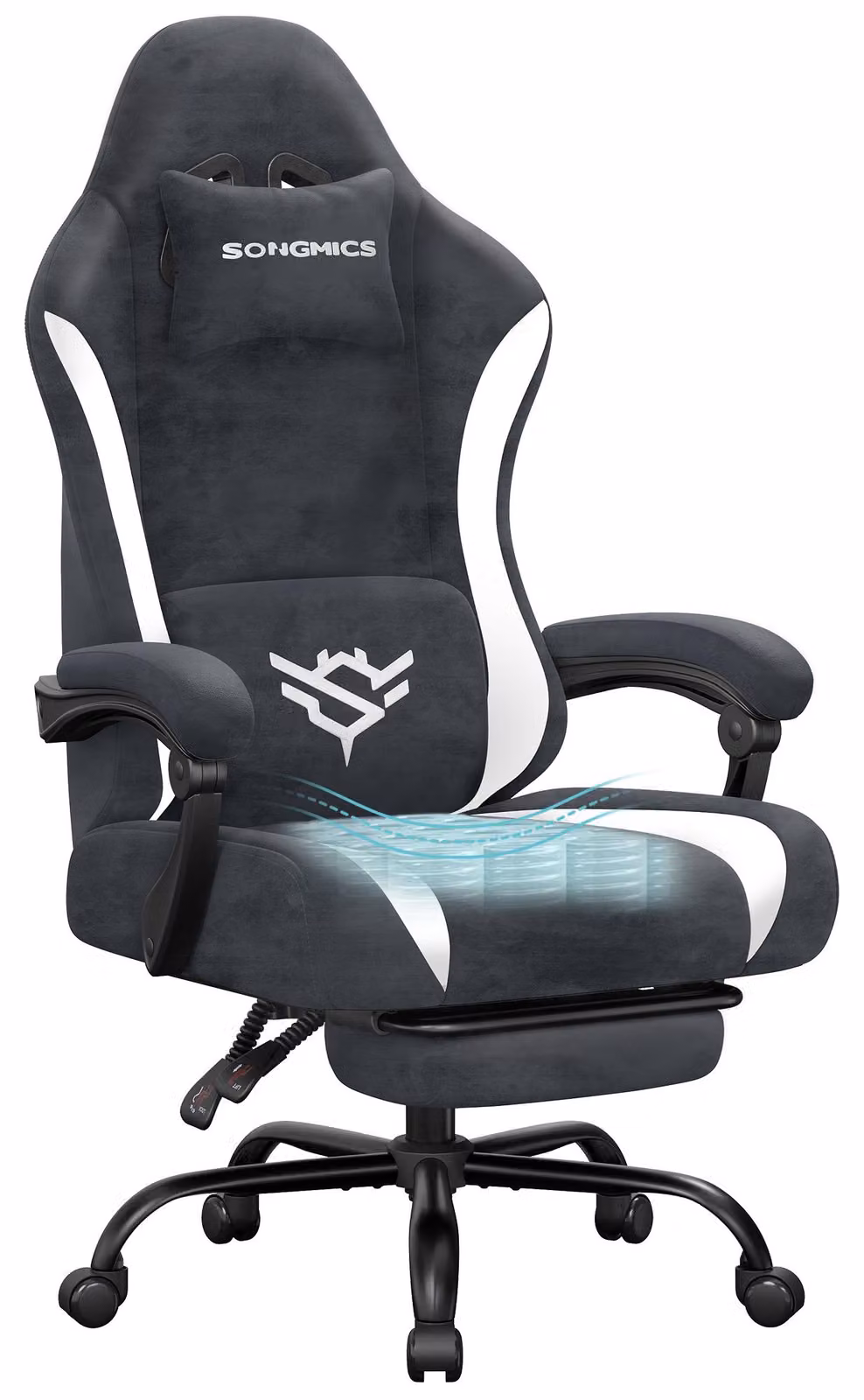 Sedia da gaming SONGMICS, sedia da ufficio ergonomica in poliestere, con poggiapiedi e cuscino lombare, inclinazione di 135°, 70 x 70 x (120-130) cm