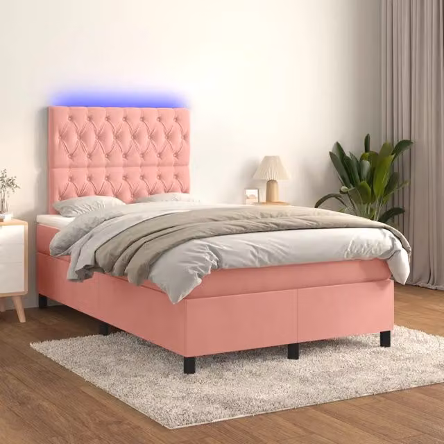 Letto a molle con materasso vidaXL in velluto rosa e bianco con illuminazione LED e porta USB L/P/H: 120 x 200 cm