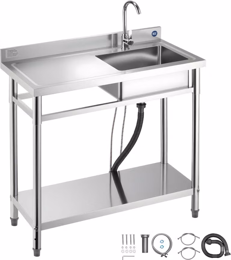 Lavello in acciaio inox - Lavello da cucina a una vasca - 100 x 50 x 94 cm - Con rubinetto - Piano di lavoro a sinistra - Per ristorazione, lavanderia e uso esterno