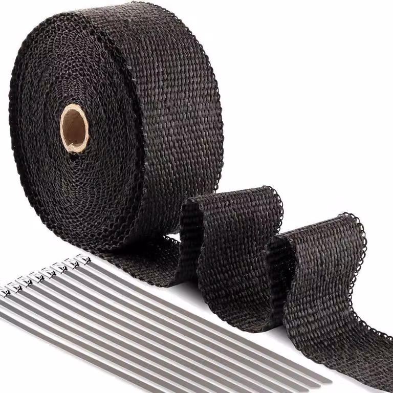 Nastro isolante termico, larghezza 50 mm, in Vetroceramica, lunghezza 10 metri + 7 fascette per tubi in acciaio inossidabile (resistente a 500 °C).