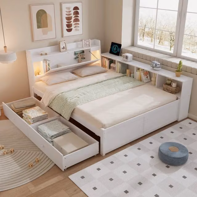 Letto matrimoniale 140x200 cm bianco in legno con testiera contenitore e 2 luci