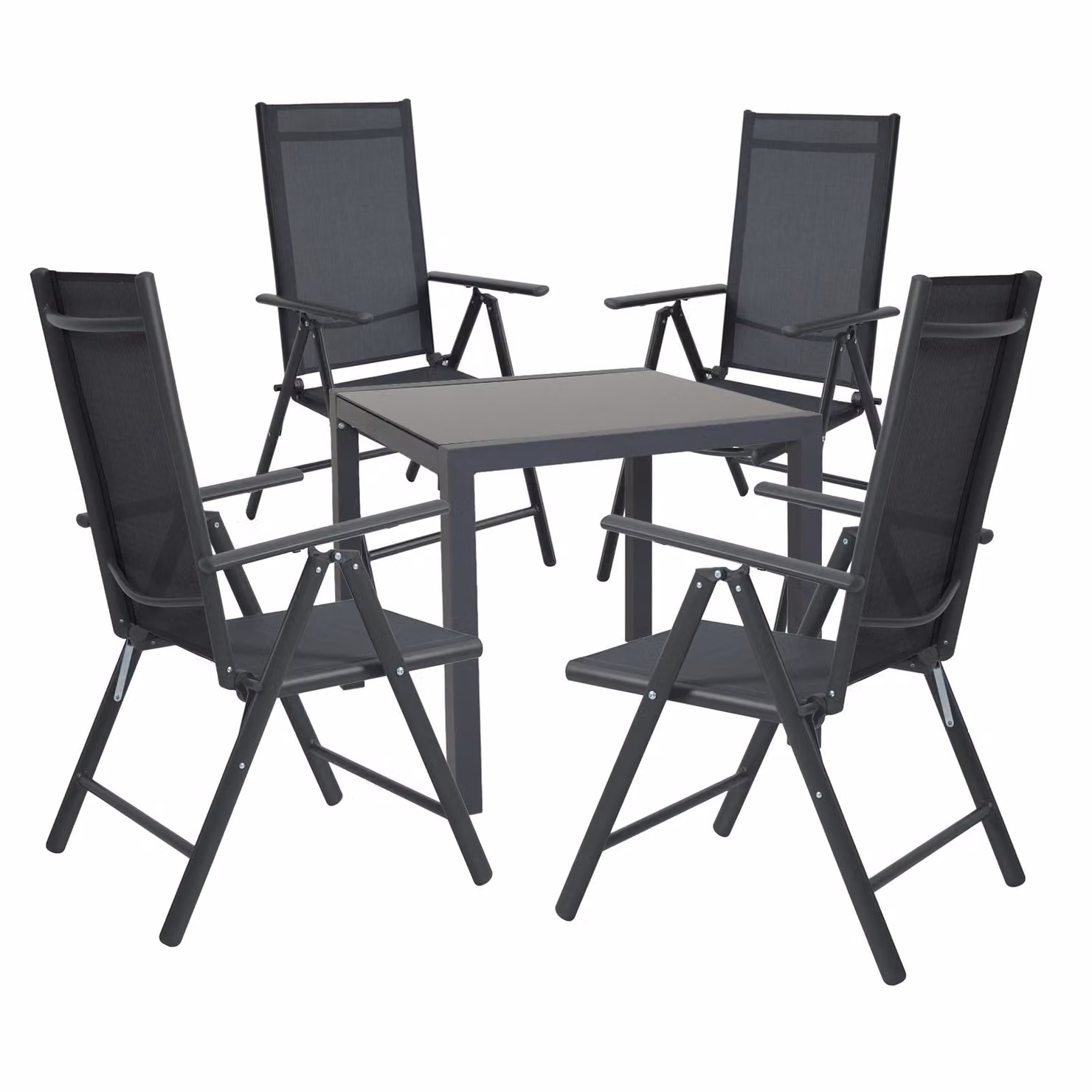 Set SVITA: tavolo da giardino con 4 sedie pieghevoli con schienale alto, sedie da campeggio in metallo antracite