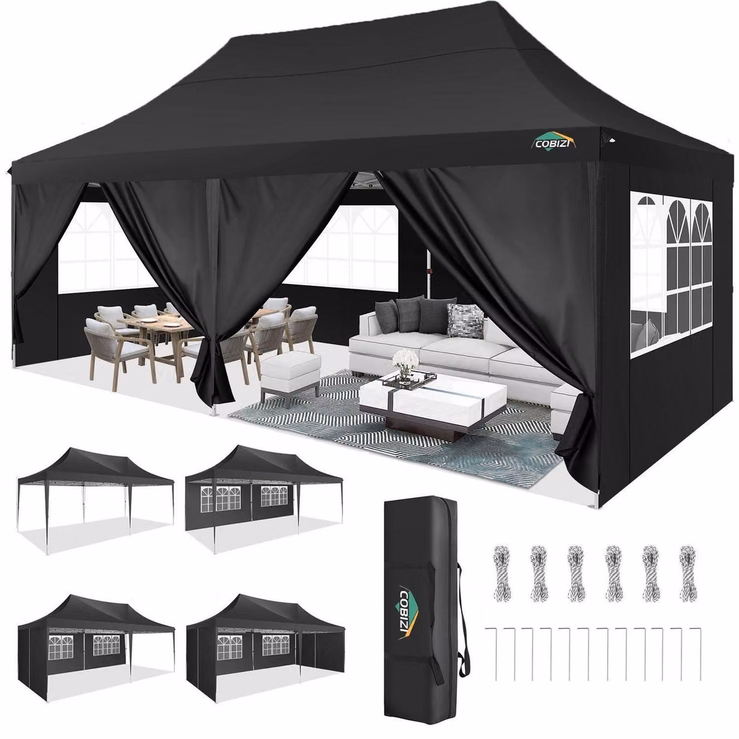 Gazebo da esterno 3x6 metri, impermeabile, con protezione UV 50+ e 6 pareti laterali, colore nero