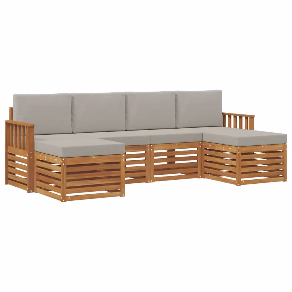 Set di divani da esterno a L vidaXL in legno di acacia con pouf e cuscini, beige e grigio – 2