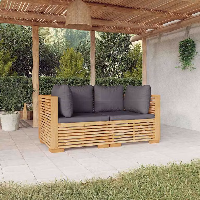 Divano Angolare da Giardino vidaXL in Legno di Teak con Cuscini, Design Moderno a L, Colore Marrone e Grigio