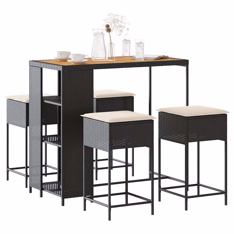 Set Bar da Giardino vidaXL in Polyrattan e Legno di Acacia con 5 Pezzi e Cuscini, Colore Nero e Beige