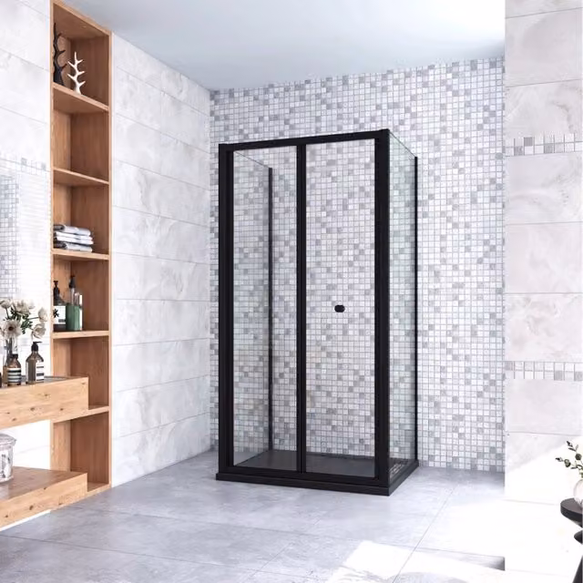 185cm Box Doccia a Tre Lati Porta a Soffietto 100cm con Doppia Parete Fissa 70x70cm in Vetro Temperato Trasparente 5 mm Profilo Nero Opaco