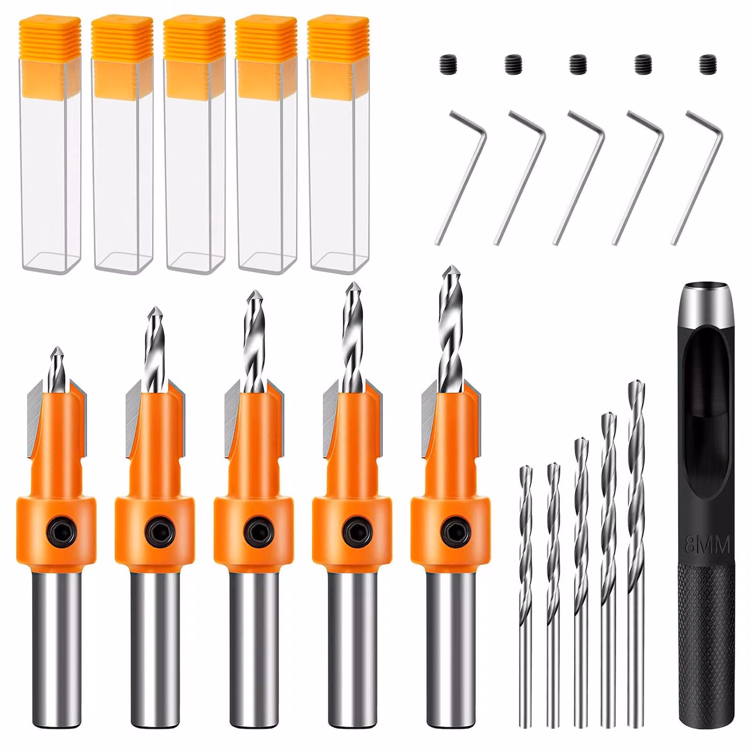Set da 5 pezzi con utensili per la lavorazione del legno, composto da frese e punte